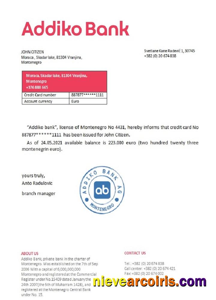 Montenegro Addiko bank reference